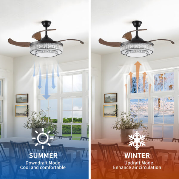5b644caf54ec4d7eb390a77742e026b8_1007b3c8b56cacc7608d70d19c0146f4 48" Contemporary Crystal LED Retractable Ceiling Fan with Light and Remote Control, 6-Speed Quiet Reversible DC Motor,4 Blades Modern Ceiling Fans for Kitchen Bedroom Dining Room Patio