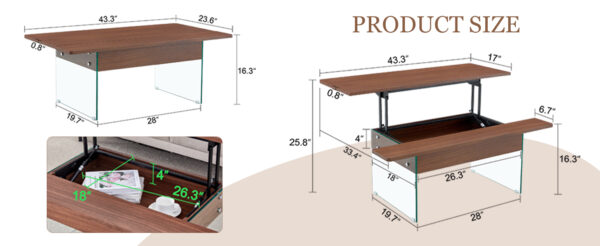 5c15ec05087a4dff83237063c8f53940_e0686f011e0e686e3dda10030d6401a8 Multifunctional Lift Top Coffee Table -Dark Wood Color Grain Sticker, Essential for Modern Homes.Tempered Glass Legs,Lift Top Feature.Perfectly Fitting Into Living Rooms And Office.