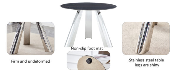 5c1a94d97007489c9a76623ee41bbac4_55f2620da2034a7d41f99e6ffe46ba9a A 42-inch burn stone round table with stainless steel legs can accommodate 4 or 6 diners