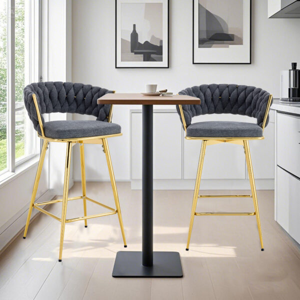 Two-piece rotating swivel chair, Dark gray cotton and linen soft seat, golden metal legs, rust-proof and wear-resistant, suitable for restaurant/bar high tables, lightweight single unit