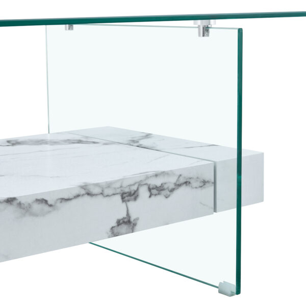 5c9cd6ff40eb4157bffbd0b641d83227_bef030ba453c5748023b886146c3567b 43.3 Inch Modern Two-Tier Coffee Table - An Elegant Combination of Clear Glass and White Marble Pattern.It can be used not only as a coffee table but also as a side table or display stand.