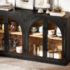 TREXM 4-Door Large Storage Sideboard Buffet Cabinet with Glass Doors, Arched Cabinet with Adjustable Shelves for Kitchen, Dining Room and Living Room (Black)