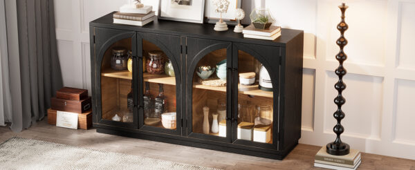TREXM 4-Door Large Storage Sideboard Buffet Cabinet with Glass Doors, Arched Cabinet with Adjustable Shelves for Kitchen, Dining Room and Living Room (Black)