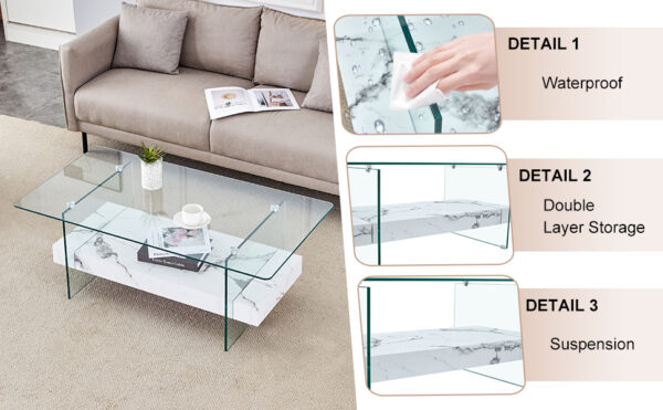 5ce36b2ac90a4d348c359bb1372ca312_2420c66b211de98391cf6df9e0657df7 43.3 Inch Modern Two-Tier Coffee Table - An Elegant Combination of Clear Glass and White Marble Pattern.It can be used not only as a coffee table but also as a side table or display stand.