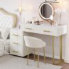 Velvet Upholstered Vanity Desk with Chair, Vanity Set with 5 Big Drawers, Makeup Table with Padded Chair, Marble-Look Sticker Top Dressing Table with Left/Right Adjustable Storage, Beige