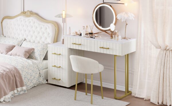 Velvet Upholstered Vanity Desk with Chair, Vanity Set with 5 Big Drawers, Makeup Table with Padded Chair, Marble-Look Sticker Top Dressing Table with Left/Right Adjustable Storage, Beige