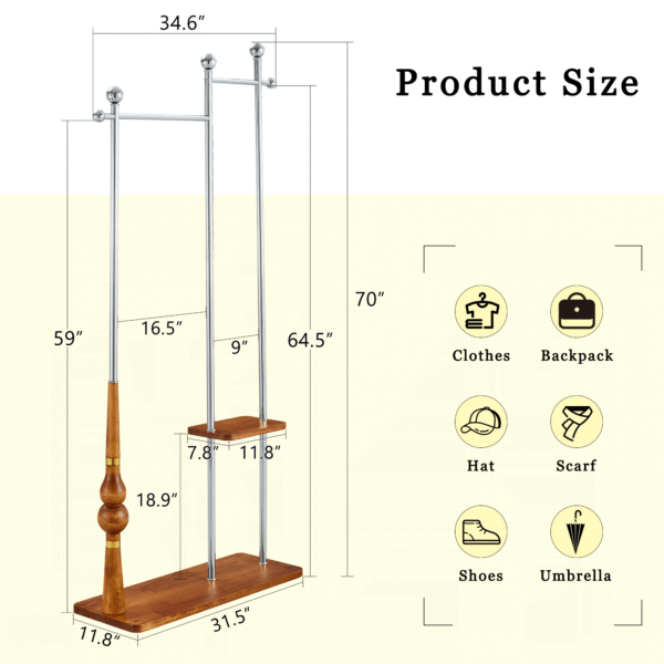 70" Industrial Coat Rack, Solid Wood & Silver Stainless Steel Clothing Rack, Double Layer Hanger for Coats, Hats, Bags, Shoes, Vintage Wood Grain (34.6" Wide)