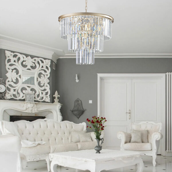 (Same as W1340P143192/L5007-500-G) 20" Luxury 3-Tier Crystal Chandelier, 7-Light Gold Frame Pendant Light, Elegant Ceiling Lighting for Living Room, Dining Room, Bedroom (No Bulbs)