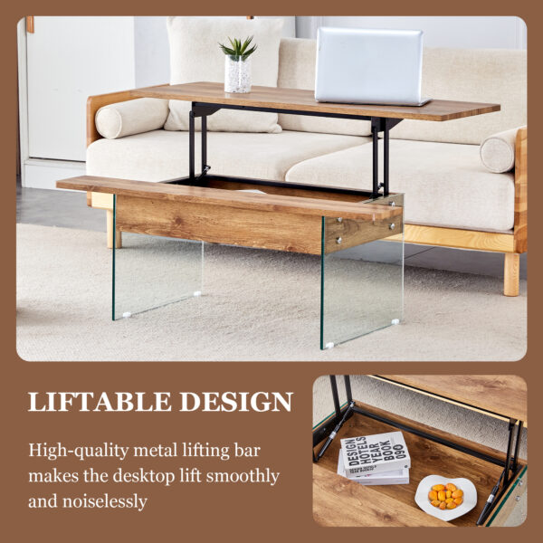 5e2ea1406a334a63b1b886e54c2e3a07_1d1973a0519b527c0d30553b44fc9002 Multifunctional Lift Top Coffee Table -Light Wood Color Grain Sticker, Essential for Modern Homes.Tempered Glass Legs,Lift Top Feature.Perfectly Fitting Into Living Rooms And Office.