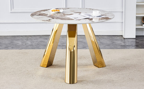 5ee548336c3f4ded9328fee5503e9c7a_0577241f3597bfd2942f0a90ad6567df A 42-inch stainless steel white pattern burning stone round table with gold legs Round table suitable for 2, 4 or 6 people