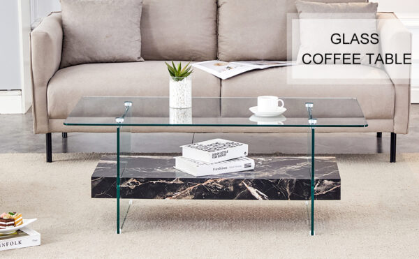 5eec1a36a38f4e1493d7d9a908ccf314_fffe65572880c2420b4246df46f8cc13 43.3 Inch Modern Two-Tier Coffee Table - An Elegant Combination of Clear Glass and Black Marble Pattern.It can be used not only as a coffee table but also as a side table or display stand.