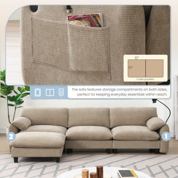 [VIDEO Provided] 108" Modular Sectional Sofa, L-Shape with 31.5" Extra-Wide Seat Cushion, USB and Type-C Charger, Phone Holder and 2 Side Storage Pockets, Free Movement Ottoman, Striped Chenille