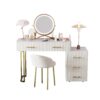 Velvet Upholstered Vanity Desk with Chair, Vanity Set with 5 Big Drawers, Makeup Table with Padded Chair, Marble-Look Sticker Top Dressing Table with Left/Right Adjustable Storage, Beige