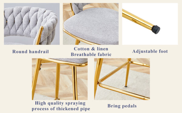 Two sets of swivel bar stools with breathable cotton and linen soft cushions, electroplated metal frames without rust, suitable for restaurant and bar use, as well as for casual seating in living room