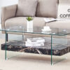 43.3 Inch Modern Two-Tier Coffee Table - An Elegant Combination of Clear Glass and Black Marble Pattern.It can be used not only as a coffee table but also as a side table or display stand.