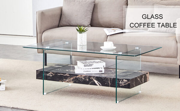 612e3d23df1e4c2c8da0a50d1d89d695_92f1d203dec258c266b23369cbf283b7 43.3 Inch Modern Two-Tier Coffee Table - An Elegant Combination of Clear Glass and Black Marble Pattern.It can be used not only as a coffee table but also as a side table or display stand.