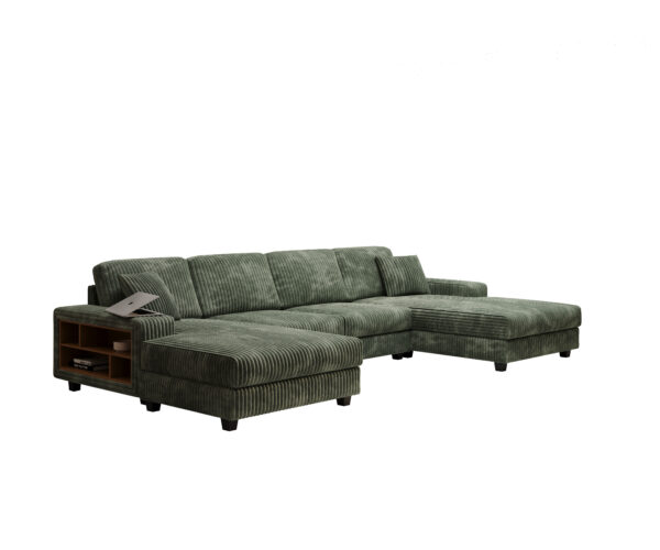 Convertible U-shaped Combination Sofa, Corduroy Fabric, Modern Comfortable Large Size 4 Seat Sofa, Living Room Double Lounge Chair ,Green