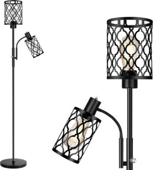 72" Farmhouse Floor Lamps for Living room, Black Floor Lamp with Adjustable Reading Lamp, 2-Light Tall Standing Lamps with 2 Edison Bulbs, Industrial Floor Lamps for Bedroom, Office, 6W, Black