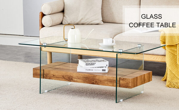 61878706092b4388adbbe8722eff5927_a88552afebc7b7d9e3eada1759f418fe 43.3 Inch Modern Two-Tier Coffee Table - An Elegant Combination of Clear Glass and Light Wood Texture Sticker.It can be used not only as a coffee table but also as a side table or display stand.