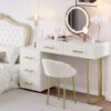 Velvet Upholstered Vanity Desk with Chair, Vanity Set with 5 Big Drawers, Makeup Table with Padded Chair, Marble-Look Sticker Top Dressing Table with Left/Right Adjustable Storage, Beige