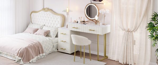 Velvet Upholstered Vanity Desk with Chair, Vanity Set with 5 Big Drawers, Makeup Table with Padded Chair, Marble-Look Sticker Top Dressing Table with Left/Right Adjustable Storage, Beige