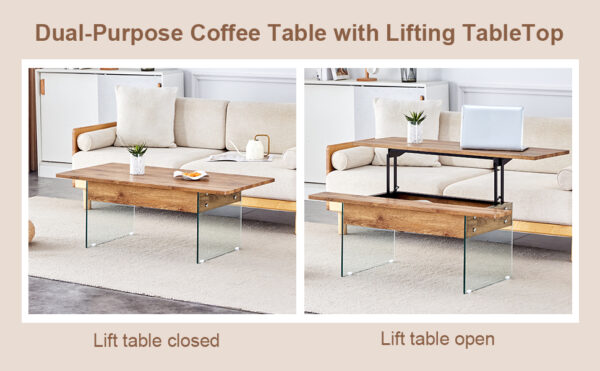619d792fe7764886b066681309e9374e_eb399cd3724af38a09afe903bff16157 Multifunctional Lift Top Coffee Table -Light Wood Color Grain Sticker, Essential for Modern Homes.Tempered Glass Legs,Lift Top Feature.Perfectly Fitting Into Living Rooms And Office.