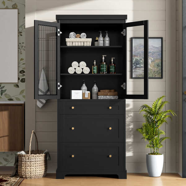 70.1" Modern High Freestanding Tall Bathroom Cabinet with 2 Adjustable Shelves, 3 Drawers, Soft Close Glass Doors – Ideal for Bathroom, Living Room, Kitchen Storage