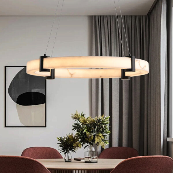 Modern LED Pendant Light, 24-Inch Round Hanging Chandelier with Adjustable Height, Imitation Marble Finish Resin Ring Ceiling Light for Dining Room, Kitchen Island, Living Room