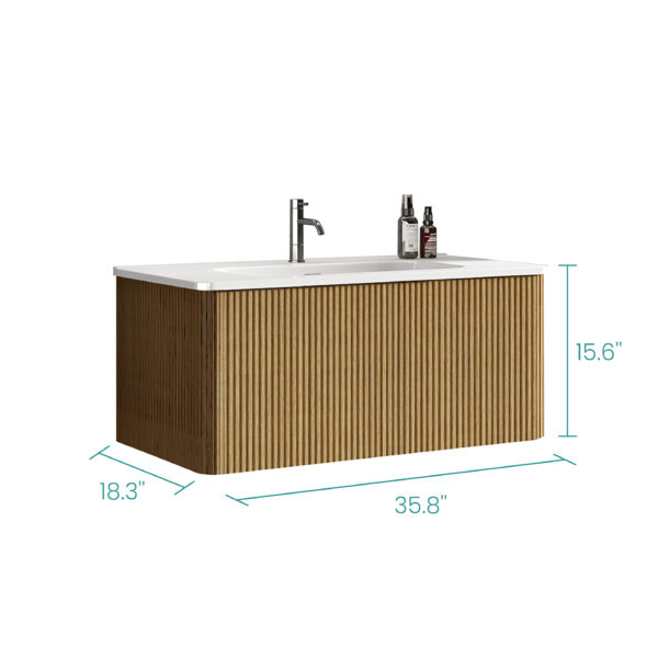 U088-Etna36W-306 Etna 36"Striped Natural Oak Bathroom Vanity with White Ceramic Sink, Wall Mounted Floating Bathroom Vanity for Modern Bathroom, One-Piece White Basin without Drain, Pre-assembled