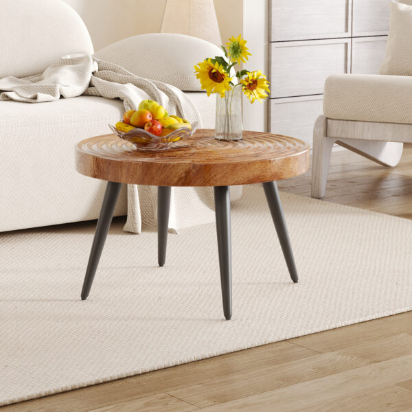 62ad73c4775e419abcf117494342e34f_e7f355f1042d327019aaa15570bddc52 Natural Wood Grain Texture Round Coffee Table - Diameter 23.6 Inches.Exquisite Suction Molding Process,Natural Wood Grain Texture,Black Sprayed Metal Leg.