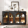 TREXM 4-Door Large Storage Sideboard Buffet Cabinet with Glass Doors, Arched Cabinet with Adjustable Shelves for Kitchen, Dining Room and Living Room (Black)