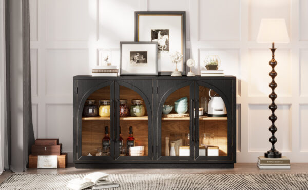 TREXM 4-Door Large Storage Sideboard Buffet Cabinet with Glass Doors, Arched Cabinet with Adjustable Shelves for Kitchen, Dining Room and Living Room (Black)