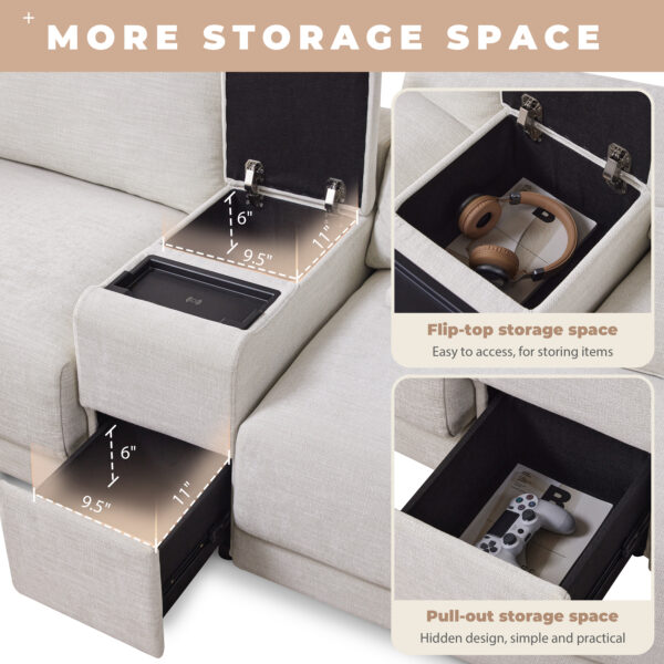 [VIDEO+NEW]124'' Modular Sectional Sofa with Storage Console and Movable Ottoman,33'' Wide Seat,4 Seat L Shaped Chenille Couch,Reversible Comfy Sofa with USB Charger for Living Room,Apartment,2 Colors