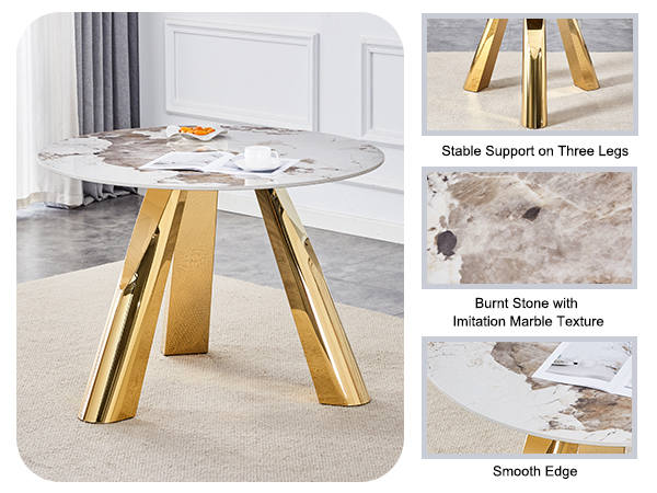 64680413dba248f3b9555f6607fe23f2_704c35c836d96adbb2a509550de112c6 A 42-inch stainless steel white pattern burning stone round table with gold legs Round table suitable for 2, 4 or 6 people