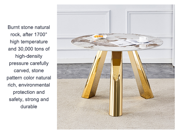 6496e4b9c4ce4bb597ff2d2446819c40_8a04e2731d87882cce8ed231afe7f702 A 42-inch stainless steel white pattern burning stone round table with gold legs Round table suitable for 2, 4 or 6 people
