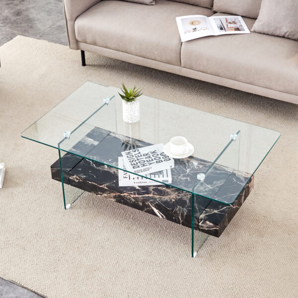 64b979024d494626b7c2244317235bc1_1d14979331dcea5129675cfc31e99c6f 43.3 Inch Modern Two-Tier Coffee Table - An Elegant Combination of Clear Glass and Black Marble Pattern.It can be used not only as a coffee table but also as a side table or display stand.