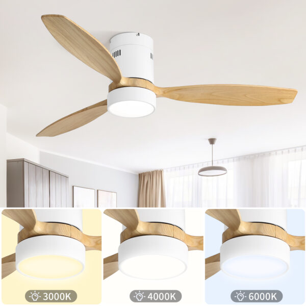 (Same as W882P244711) 52 Inch Flush Mount Ceiling Fan DC 3 Solid Wood Fan Blade Noiseless Reversible Motor Remote Control With Light
