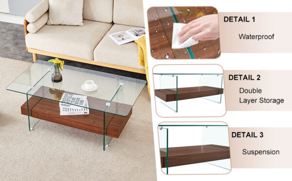 650212738d944716998b8136bebacb00_b9b2fd530c2465236515786b3a0f493b 43.3 Inch Modern Two-Tier Coffee Table - An Elegant Combination of Clear Glass and Dark Wood Texture Sticker.It can be used not only as a coffee table but also as a side table or display stand.