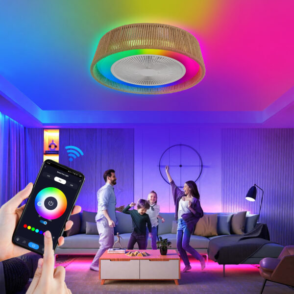 21" Modern Rustic Ceiling Fan Light with LED RGB Mood Lighting, Rope Woven Design, Quiet Fan, Semi Flush Mount for Bedroom, Living Room, or Dining Room ((Silent/6-Speed/Reversible/DC Motor))