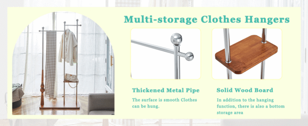 70" Industrial Coat Rack, Solid Wood & Silver Stainless Steel Clothing Rack, Double Layer Hanger for Coats, Hats, Bags, Shoes, Vintage Wood Grain (34.6" Wide)
