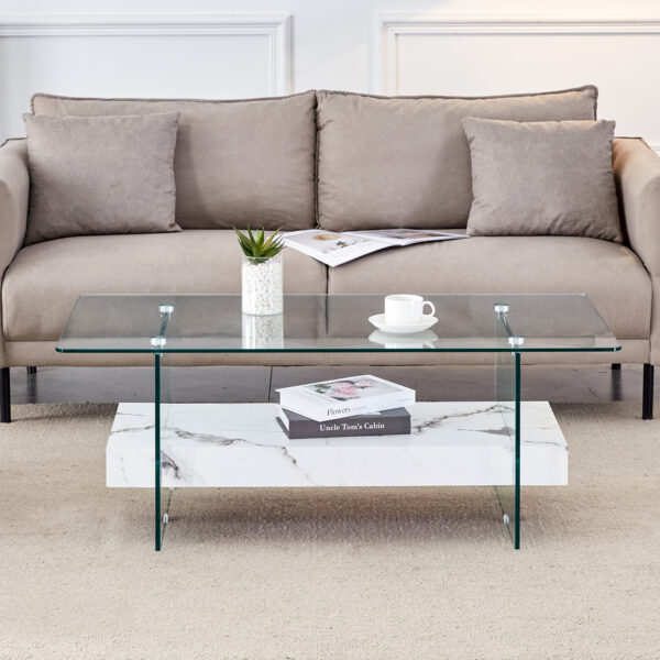 65d09222a79047ef9ee180c946534ee5_5f09c097ece22cf5fe15ed6aa876a51e 43.3 Inch Modern Two-Tier Coffee Table - An Elegant Combination of Clear Glass and White Marble Pattern.It can be used not only as a coffee table but also as a side table or display stand.