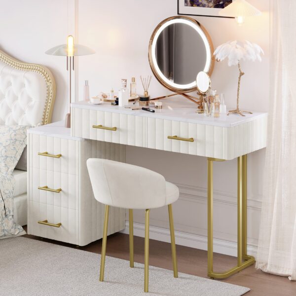 Velvet Upholstered Vanity Desk with Chair, Vanity Set with 5 Big Drawers, Makeup Table with Padded Chair, Marble-Look Sticker Top Dressing Table with Left/Right Adjustable Storage, Beige