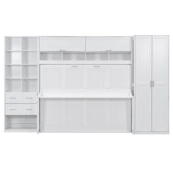 Queen Size Murphy Bed Wall Bed with Closet , Drawers and Shelves, White