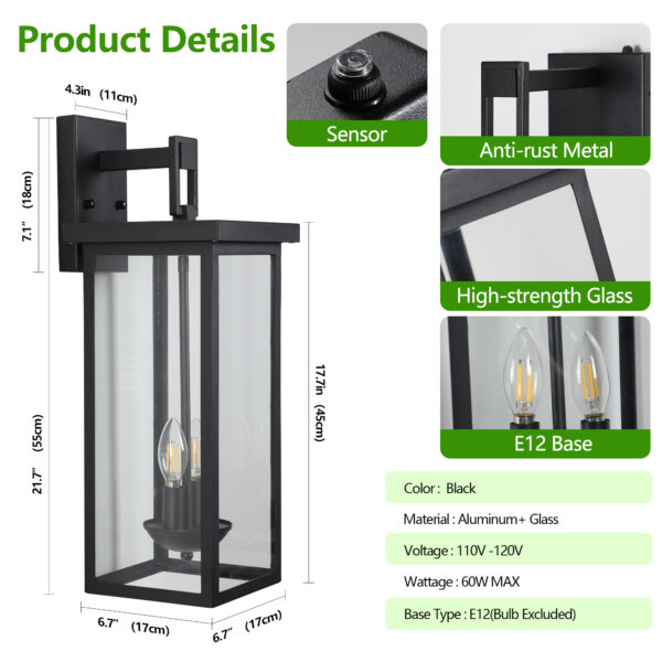 1-Pack 22.0" Outdoor Wall Lantern with Dusk to Dawn Sensor, Matte Black Finish, Clear Glass Panels, Weatherproof Exterior Light for Porch, Patio, Garage, 2-Light Design (Bulb Not Included)
