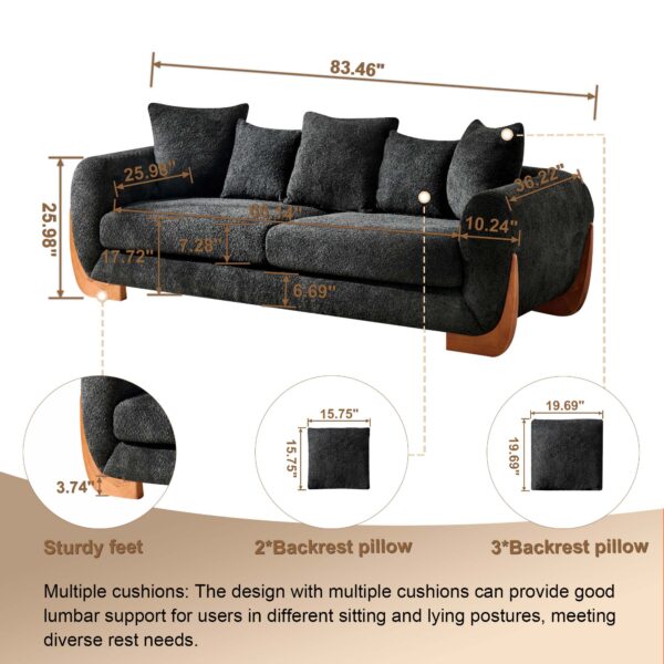 Modern Elegant Design 3 Seater Sofa with Wooden Legs, Comfortable Lambswool 5 Pillows for Living Room, Bedroom, Apartment, Black