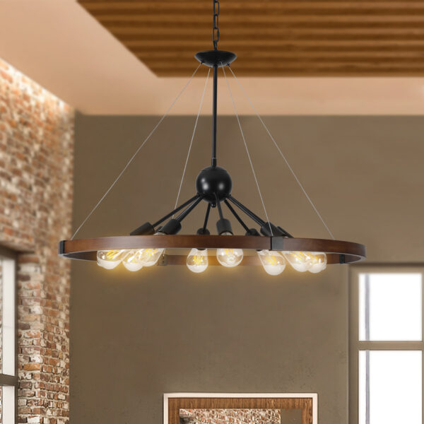 (Same as W1340111208/L1012) 32" Rustic Industrial Chandelier, 8-Light Farmhouse Pendant Lighting Fixture with Metal and Wood Finish, Adjustable Chain for Dining Room, Kitchen, or Living Room (No Bulb)