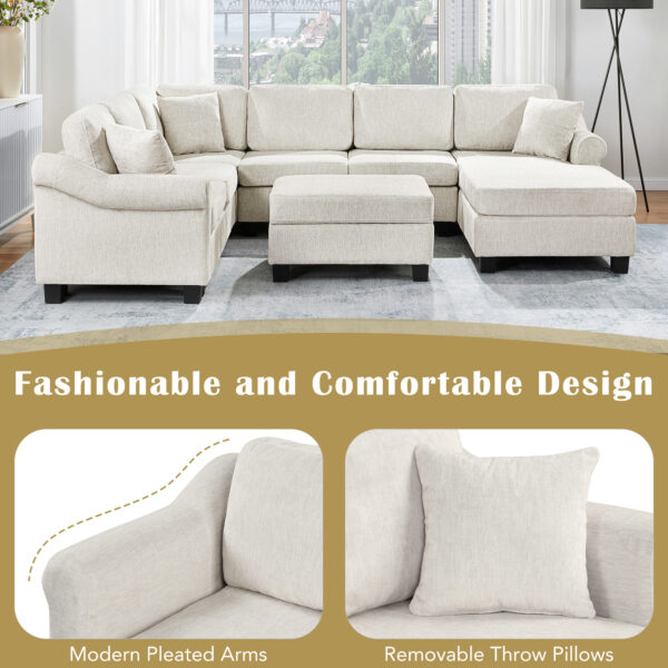 Sectional Sofa 111.8" U-shaped Sofa Chenille Upholstered Sofa Couch with Movable Storage Ottoman for Living Room, White