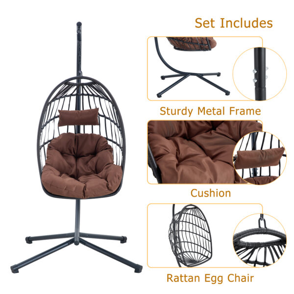 Indoor Outdoor Egg Swing Chair with Stand, Patio Grey Wicker Rattan Hanging Chair with Rope Back, Cushion,Cover,All Weather Foldable Hammock Chair for Bedroom, Porch, Garden