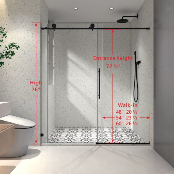 692b68c59b5d48518f241bb22a3d0d27_8132bc90f89a4a25c28bae0072980d8a 4876 Matte Black frameless one fixed and one shifted Shower Door, 70MM 304 SUS large pulleys with adjustable soft closing function,with nano easy cleaning and stick explosion-proof menbrance