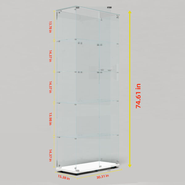 Tempered Glass Display Cabinet, Wine Cabinet, Storage Cabinet, File Cabinet with Bluetooth LED Light Strips, Lock on Door, Tempered Glass Top, Casters at Bottom for Easy Movement, Color: white